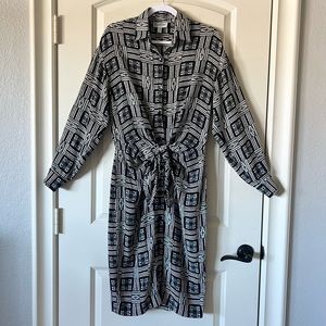 Vintage Papell Too 100% Silk Geometric Midi Shirt Dress Black White Size 8
